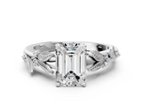 White gold Emerald Brilliant Solitaire with Leaf Motif Band and Four-Prong Setting_66
