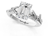 White gold Emerald Brilliant Solitaire with Leaf Motif Band and Four-Prong Setting_67