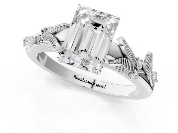 White gold Emerald Cut Diamond Solitaire Ring with Leaf Motif Band and Four-Prong Setting