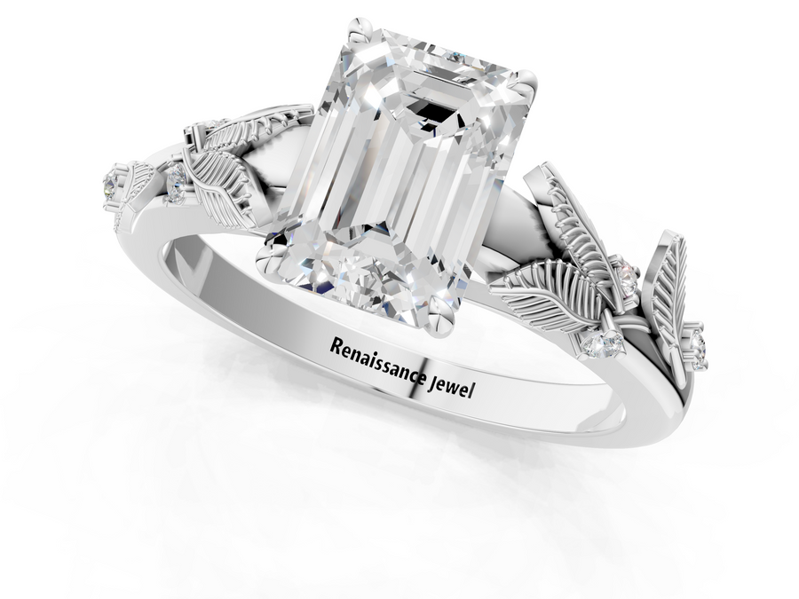 White gold Emerald Cut Diamond Solitaire Ring with Leaf Motif Band and Four-Prong Setting