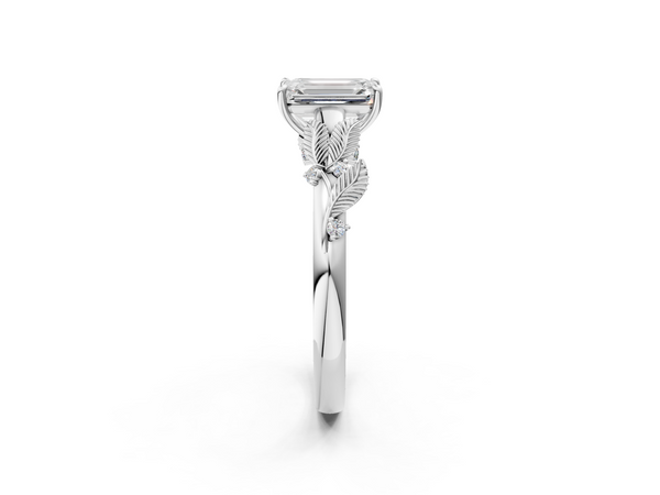 White gold Emerald Cut Diamond Solitaire Ring with Leaf Motif Band and Four-Prong Setting