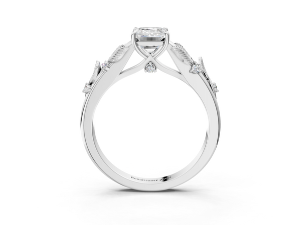 White gold Emerald Cut Diamond Solitaire Ring with Leaf Motif Band and Four-Prong Setting