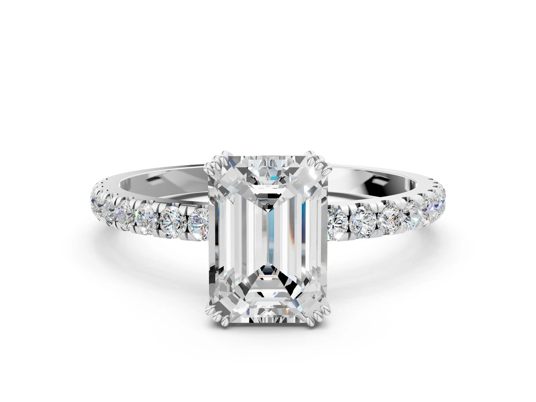 White gold Emerald Brilliant Solitaire with Pavé Band and Claw Prong Setting_7