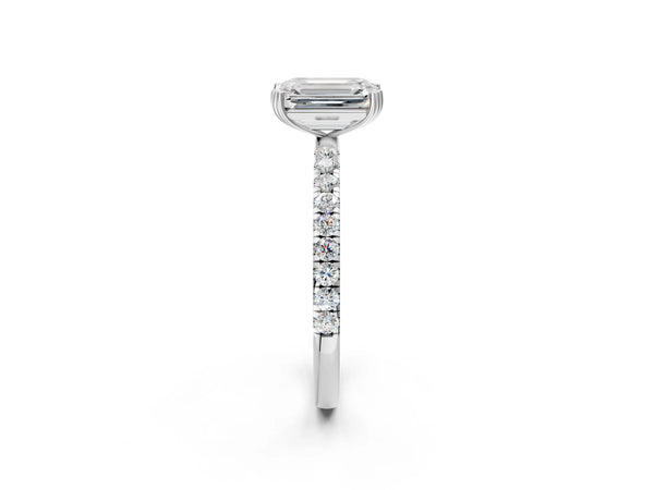 White gold Emerald Brilliant Solitaire with Pavé Band and Claw Prong Setting