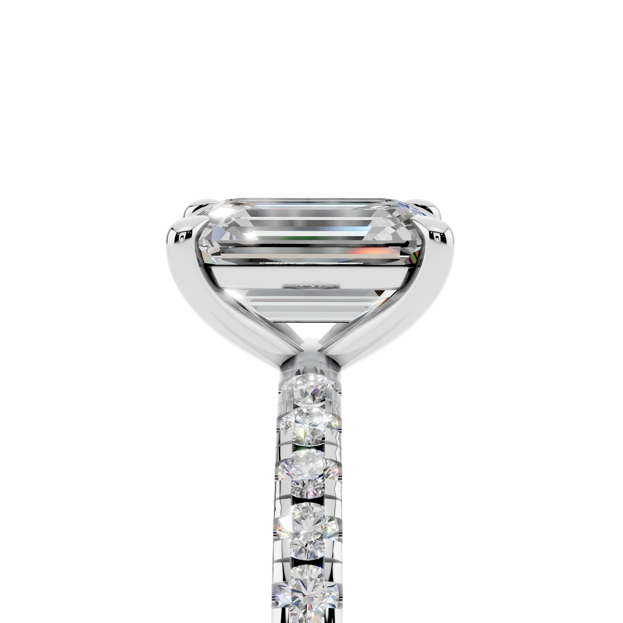 White gold Emerald Brilliant Solitaire with Pavé Band and Four-Prong Setting_11