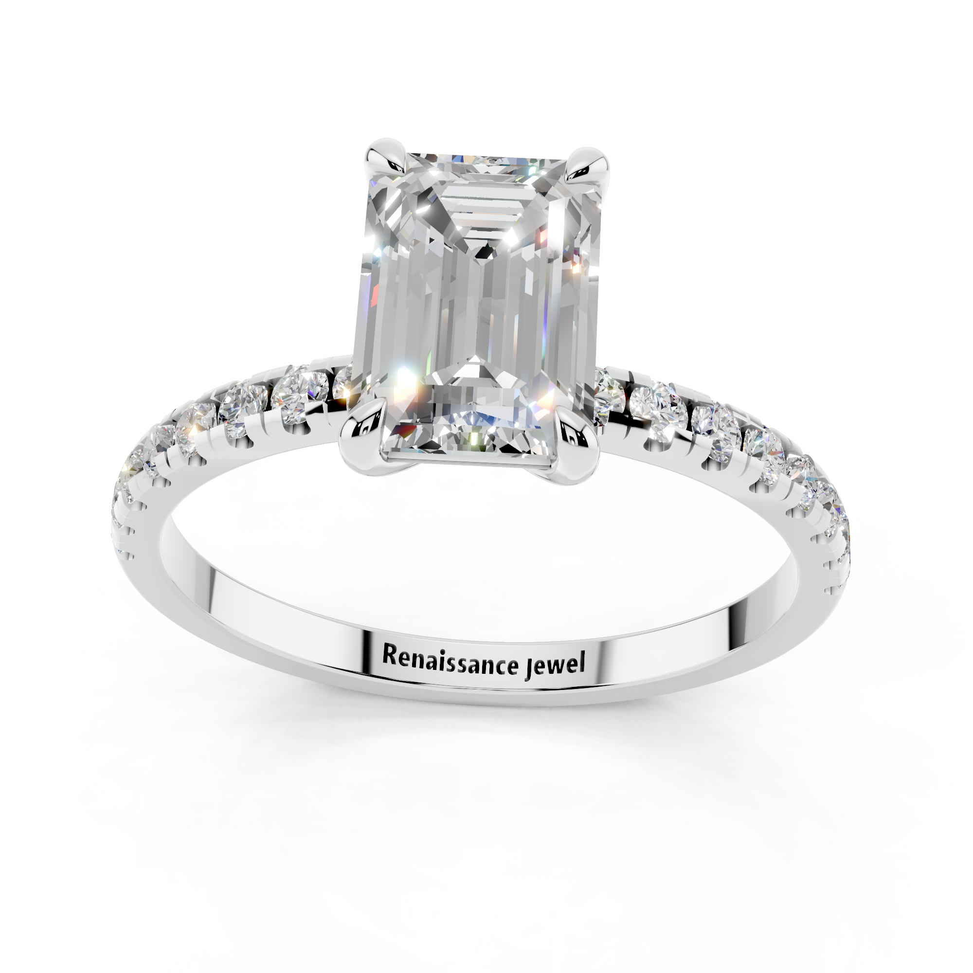 White gold Emerald Brilliant Solitaire with Pavé Band and Four-Prong Setting_24
