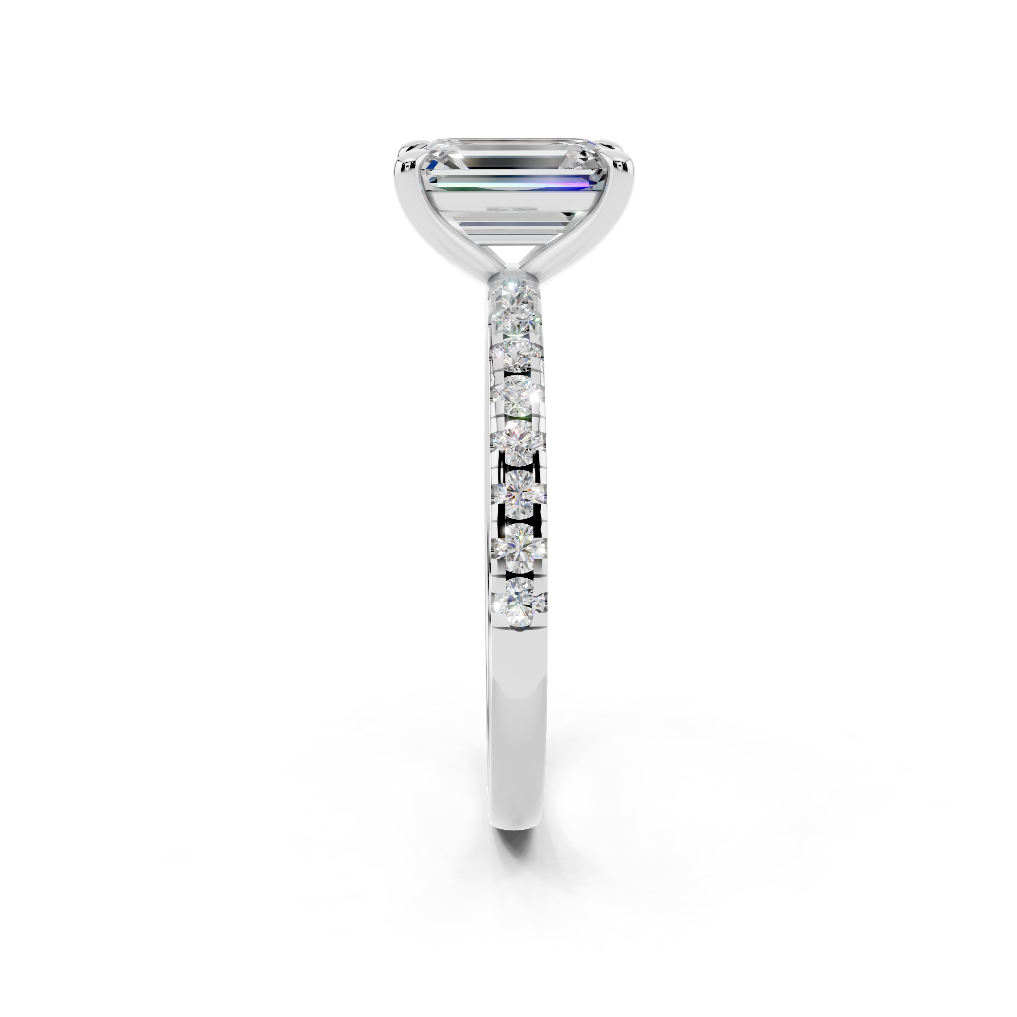 White gold Emerald Brilliant Solitaire with Pavé Band and Four-Prong Setting_27