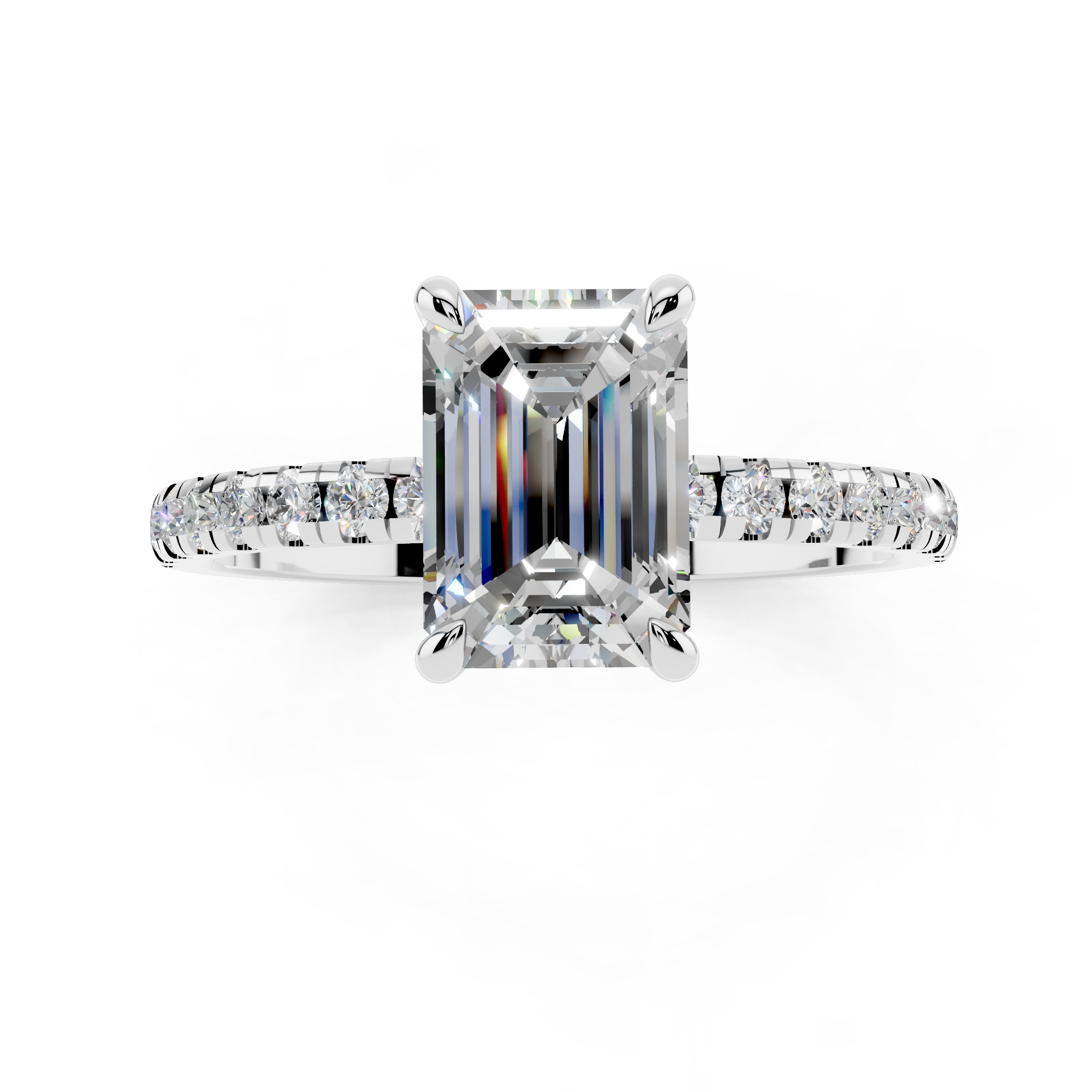 White gold Emerald Brilliant Solitaire with Pavé Band and Four-Prong Setting_48