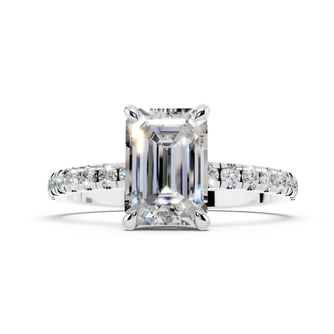 White gold Emerald Brilliant Solitaire with Pavé Band and Four-Prong Setting_76