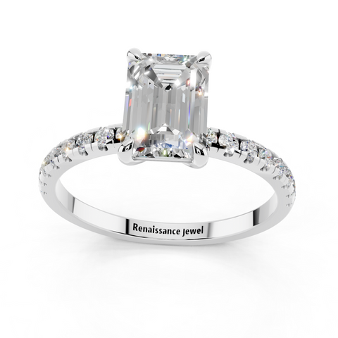 White gold Emerald Brilliant Solitaire with Pavé Band and Four-Prong Setting_7