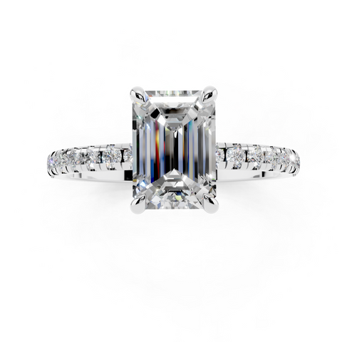 White gold Emerald Brilliant Solitaire with Pavé Band and Four-Prong Setting_8