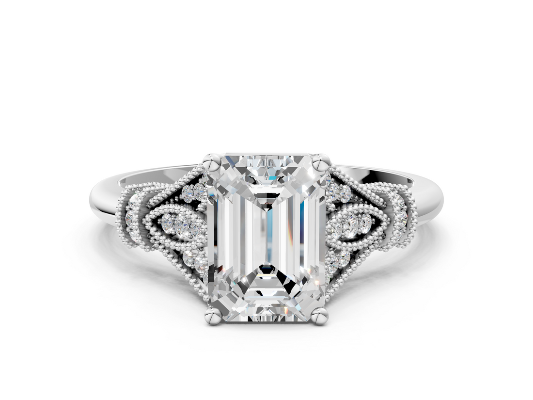 White gold Emerald Brilliant Solitaire with Pave Band and Four-Prong Setting_20