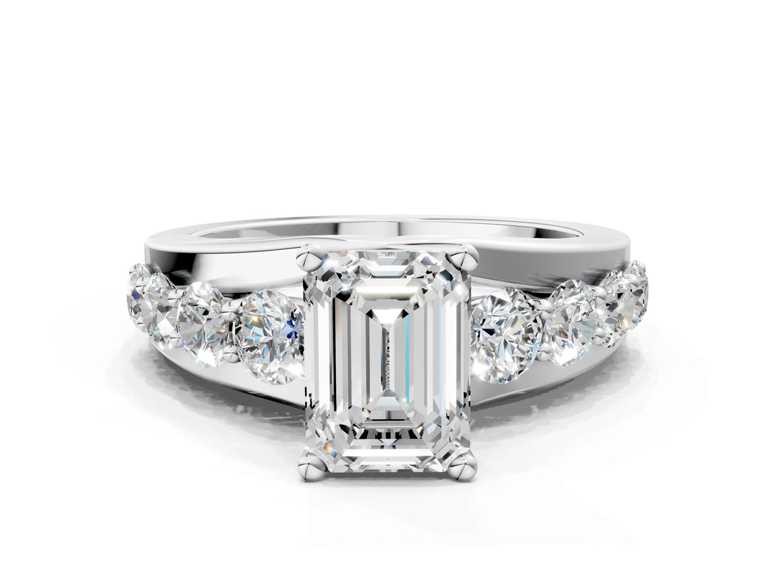 White gold Emerald Brilliant Solitaire with Side Stones on a Pave Band and Four-Prong Setting_76