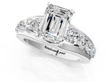 White gold Emerald Brilliant Solitaire with Side Stones on a Pave Band and Four-Prong Setting_76