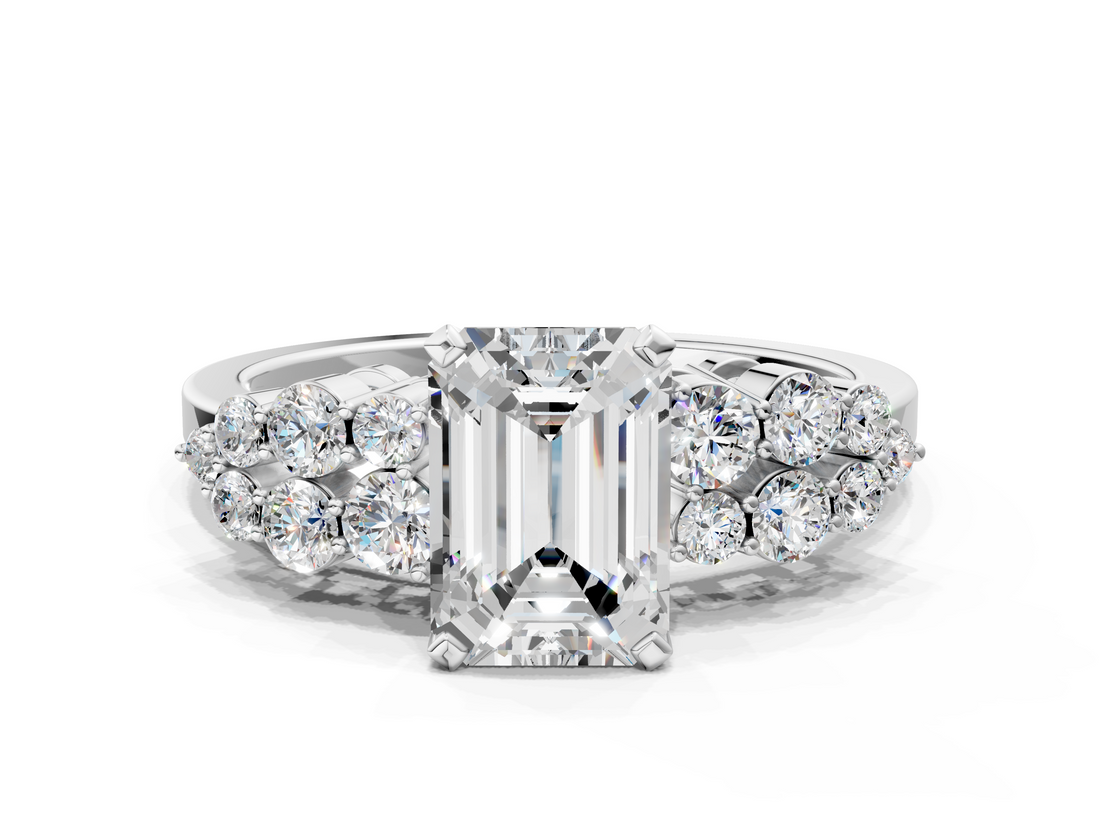 White gold Emerald Cluster Diamond Engagement Ring with Pavé Band and Four-Prong Setting_90