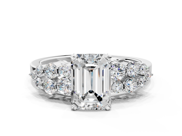 White gold Emerald Cluster Diamond Engagement Ring with Pavé Band and Four-Prong Setting