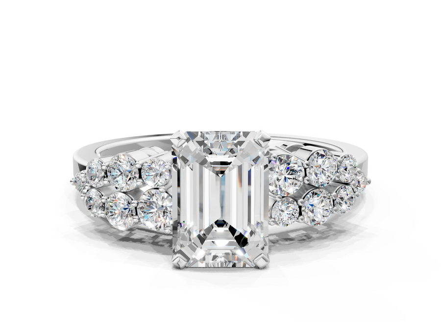 White gold Emerald Cluster Diamond Engagement Ring with Pavé Band and Four-Prong Setting