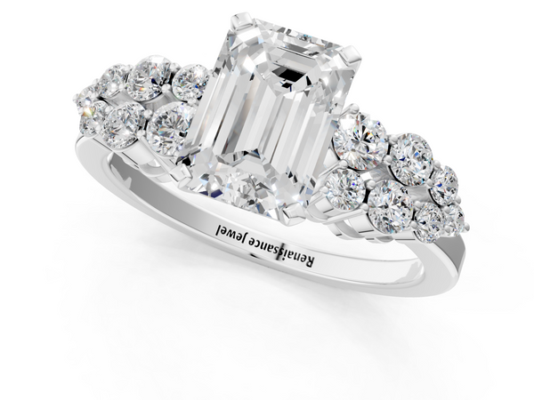 White gold Emerald Cluster Diamond Engagement Ring with Pavé Band and Four-Prong Setting