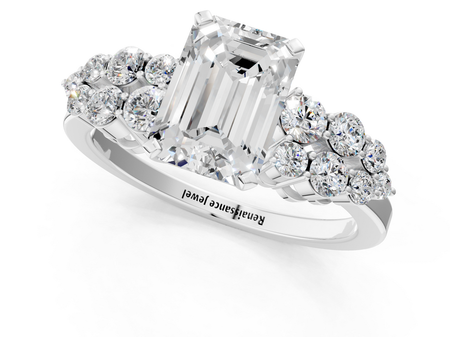 White gold Emerald Cluster Diamond Engagement Ring with Pavé Band and Four-Prong Setting