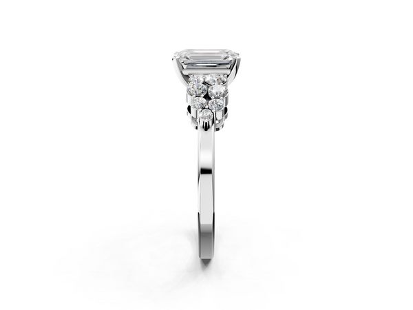 White gold Emerald Cluster Diamond Engagement Ring with Pavé Band and Four-Prong Setting