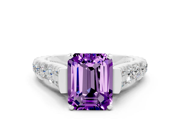 Platinum Emerald Cut Amethyst Classic Solitaire Ring with Pavé Band and Four-Prong Setting