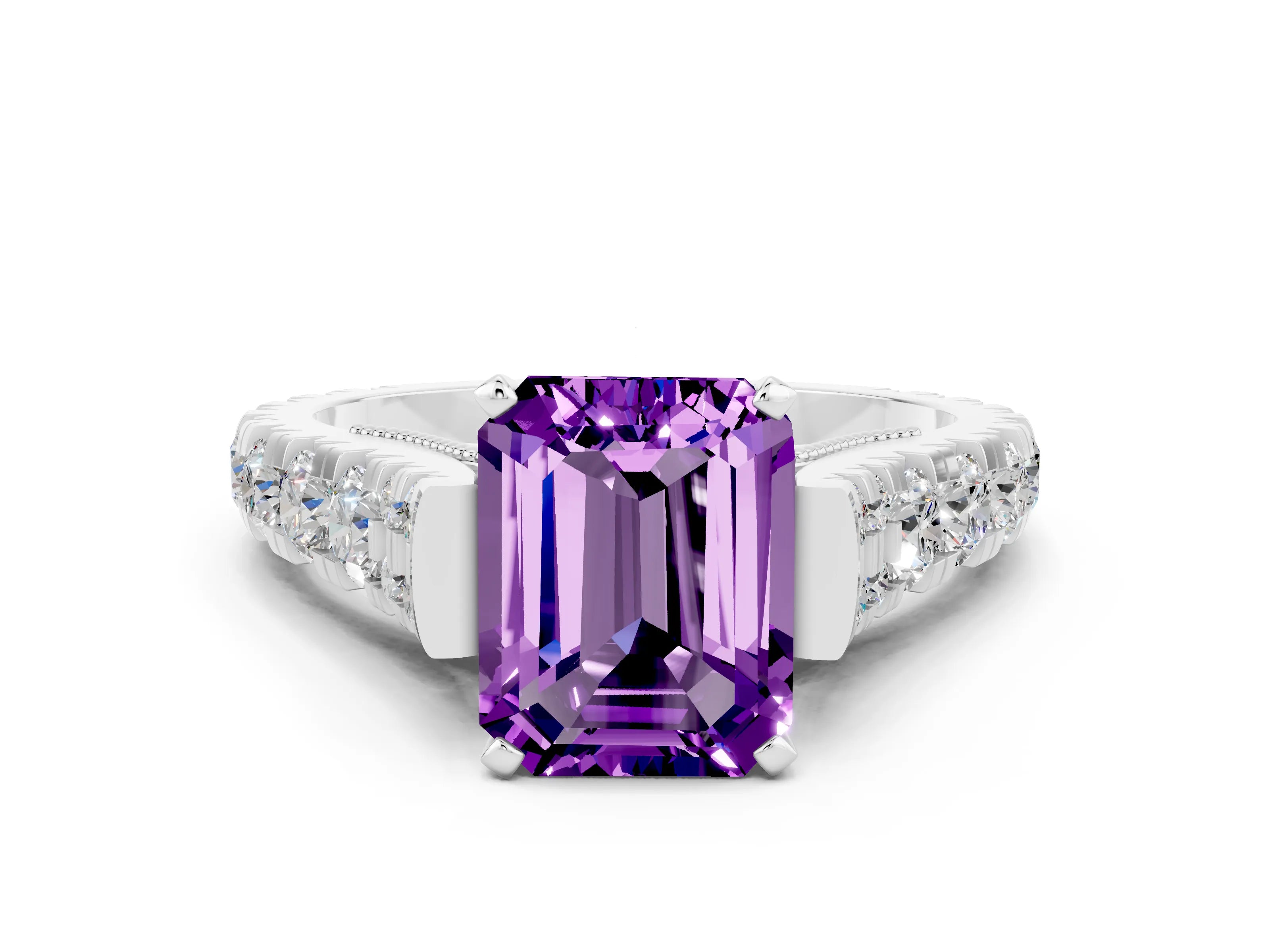 White gold Emerald Cut Amethyst Classic Solitaire Ring with Pavé Band and Four-Prong Setting