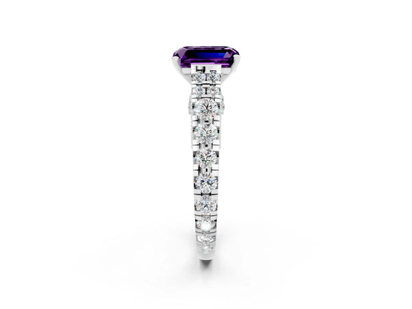 Platinum Emerald Cut Amethyst Classic Solitaire Ring with Pavé Band and Four-Prong Setting