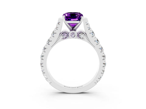 White gold Emerald Cut Amethyst Classic Solitaire Ring with Pavé Band and Four-Prong Setting_3
