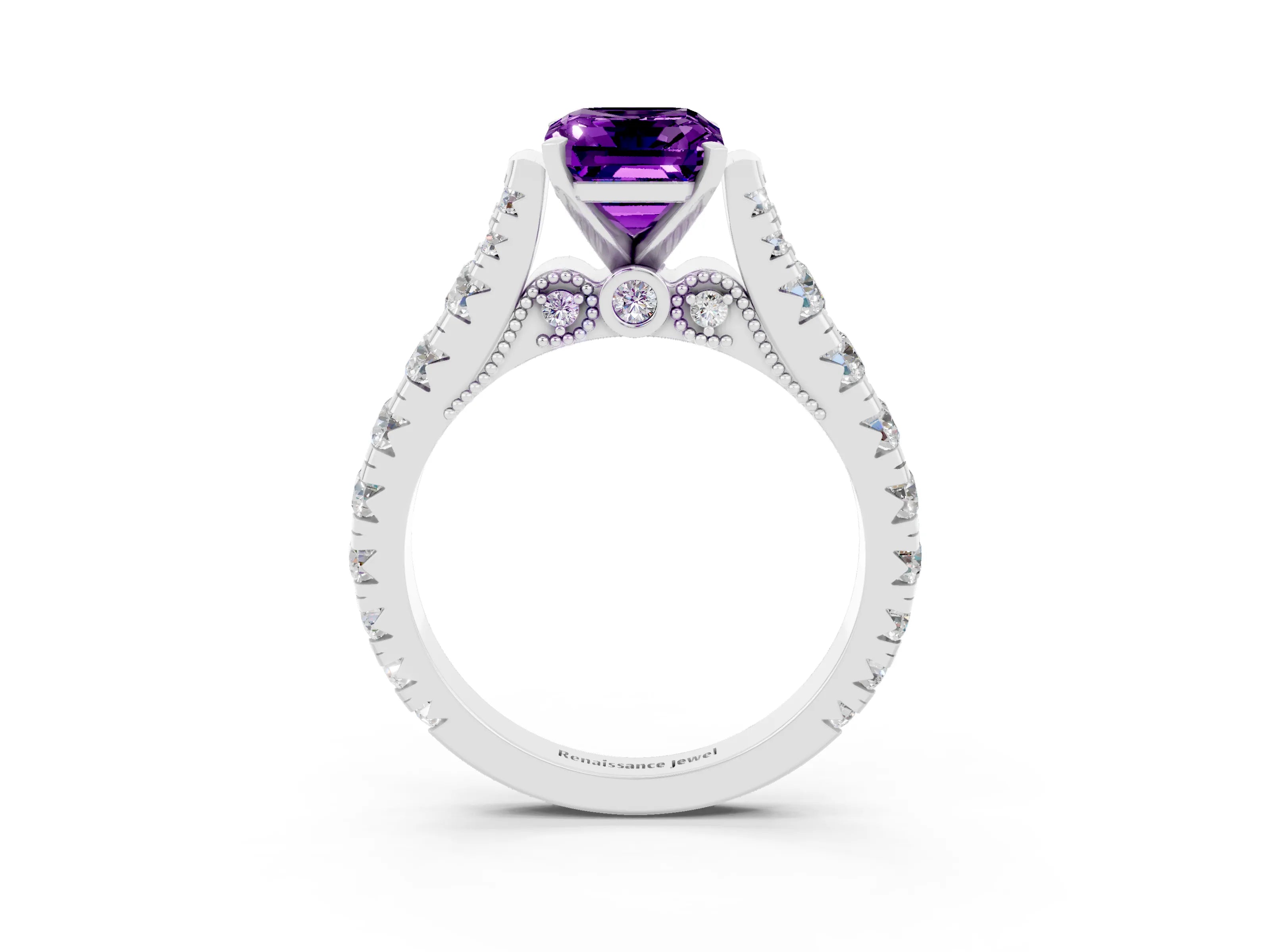 White gold Emerald Cut Amethyst Classic Solitaire Ring with Pavé Band and Four-Prong Setting_3