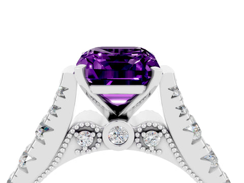 White gold Emerald Cut Amethyst Classic Solitaire Ring with Pavé Band and Four-Prong Setting_4