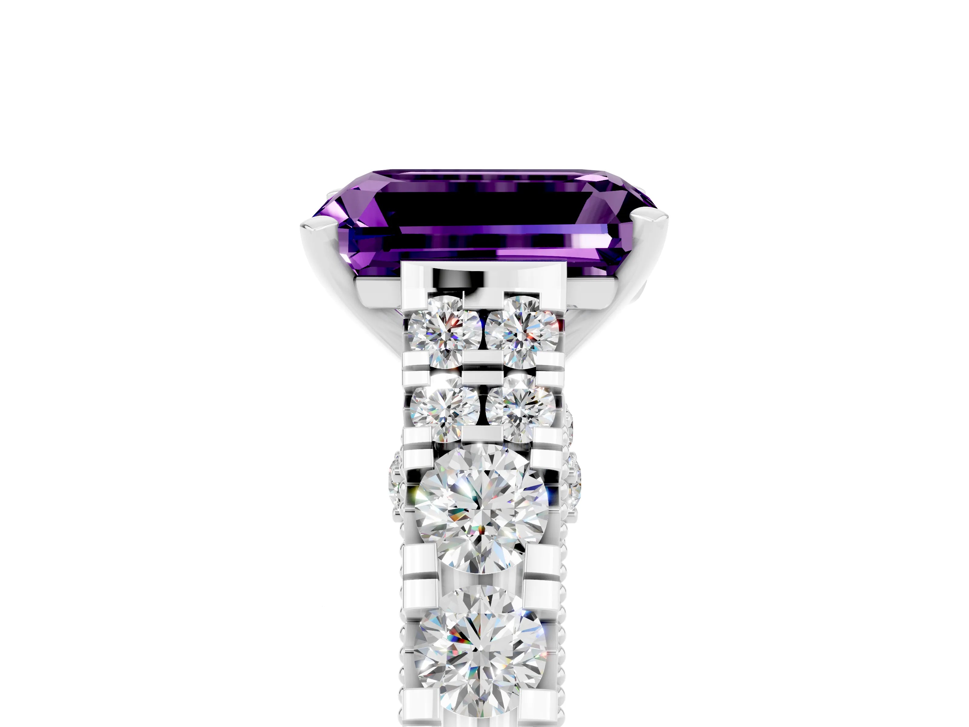 White gold Emerald Cut Amethyst Classic Solitaire Ring with Pavé Band and Four-Prong Setting_5