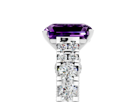 White gold Emerald Cut Amethyst Classic Solitaire Ring with Pavé Band and Four-Prong Setting_5