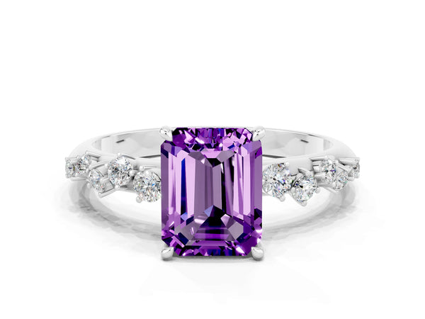 Platinum Emerald Cut Amethyst Cluster Side Stone Solitaire Ring with Prong Setting