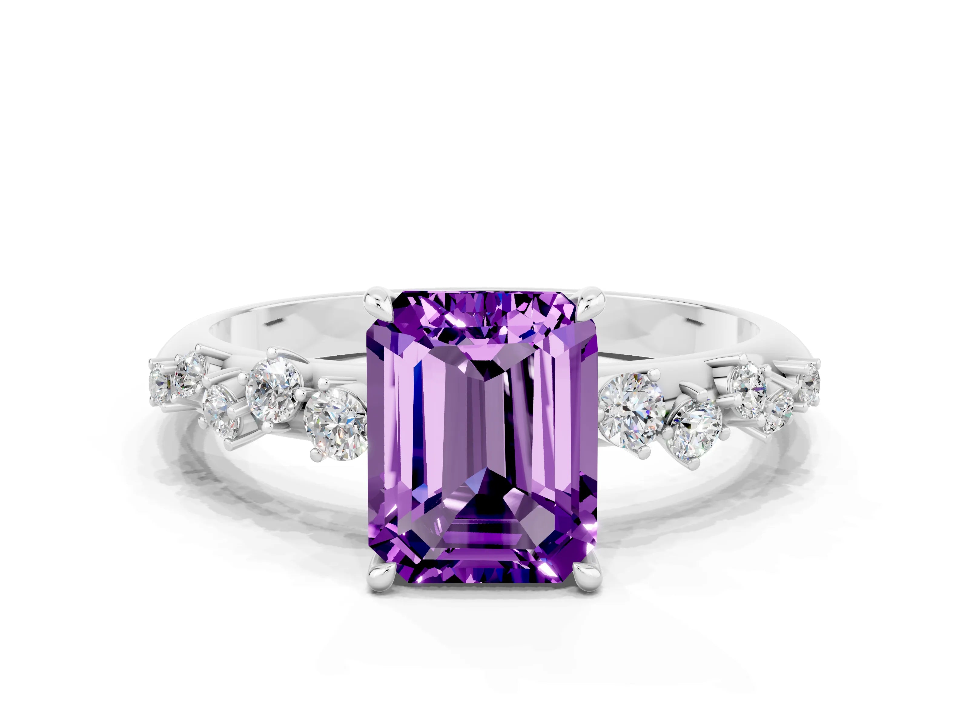 White gold Emerald Cut Amethyst Cluster Side Stone Solitaire Ring with Prong Setting_24