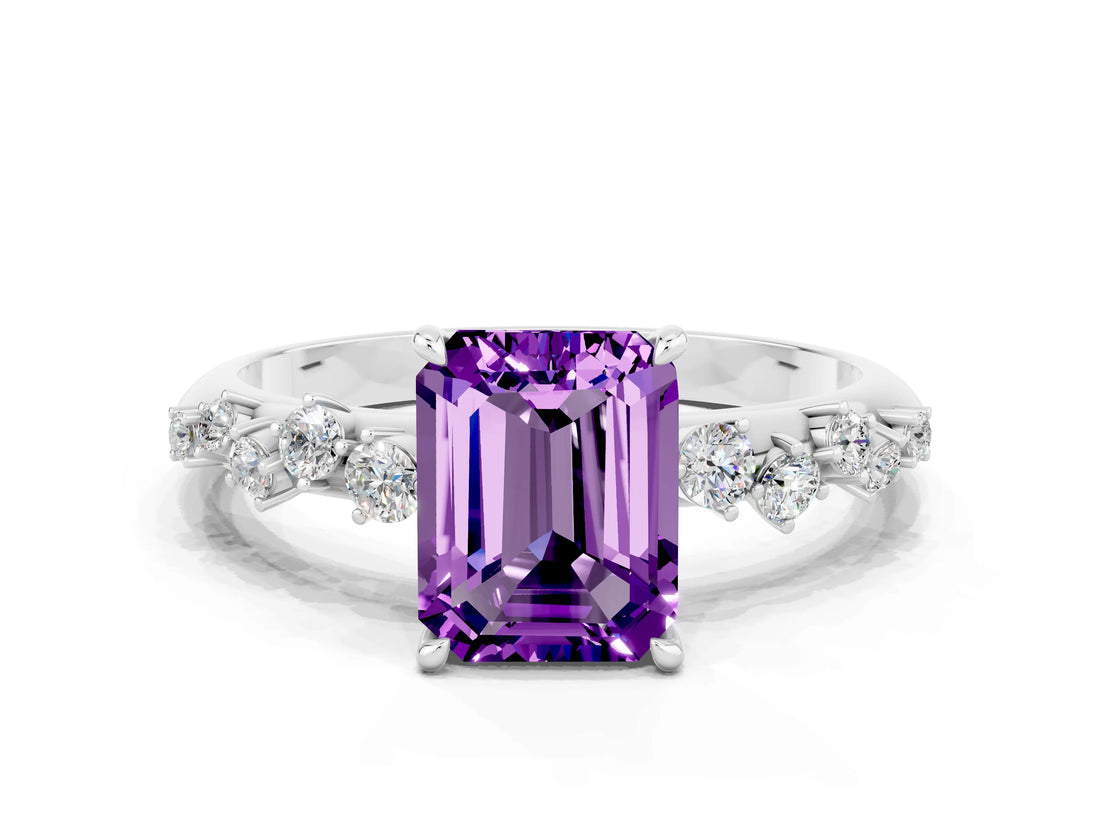 White gold Emerald Cut Amethyst Cluster Side Stone Solitaire Ring with Prong Setting_24