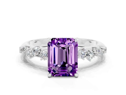 White gold Emerald Cut Amethyst Cluster Side Stone Solitaire Ring with Prong Setting_24
