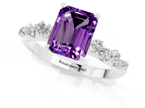 White gold Emerald Cut Amethyst Cluster Side Stone Solitaire Ring with Prong Setting_25