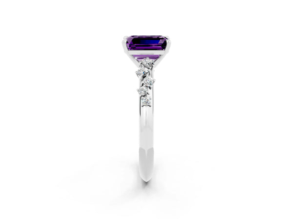 White gold Emerald Cut Amethyst Cluster Side Stone Solitaire Ring with Prong Setting