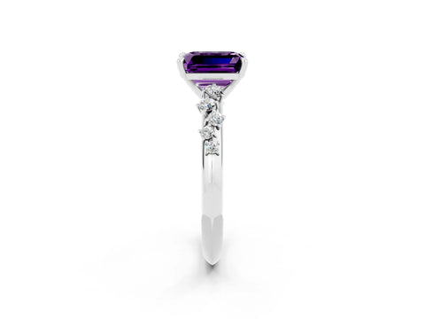 White gold Emerald Cut Amethyst Cluster Side Stone Solitaire Ring with Prong Setting_26