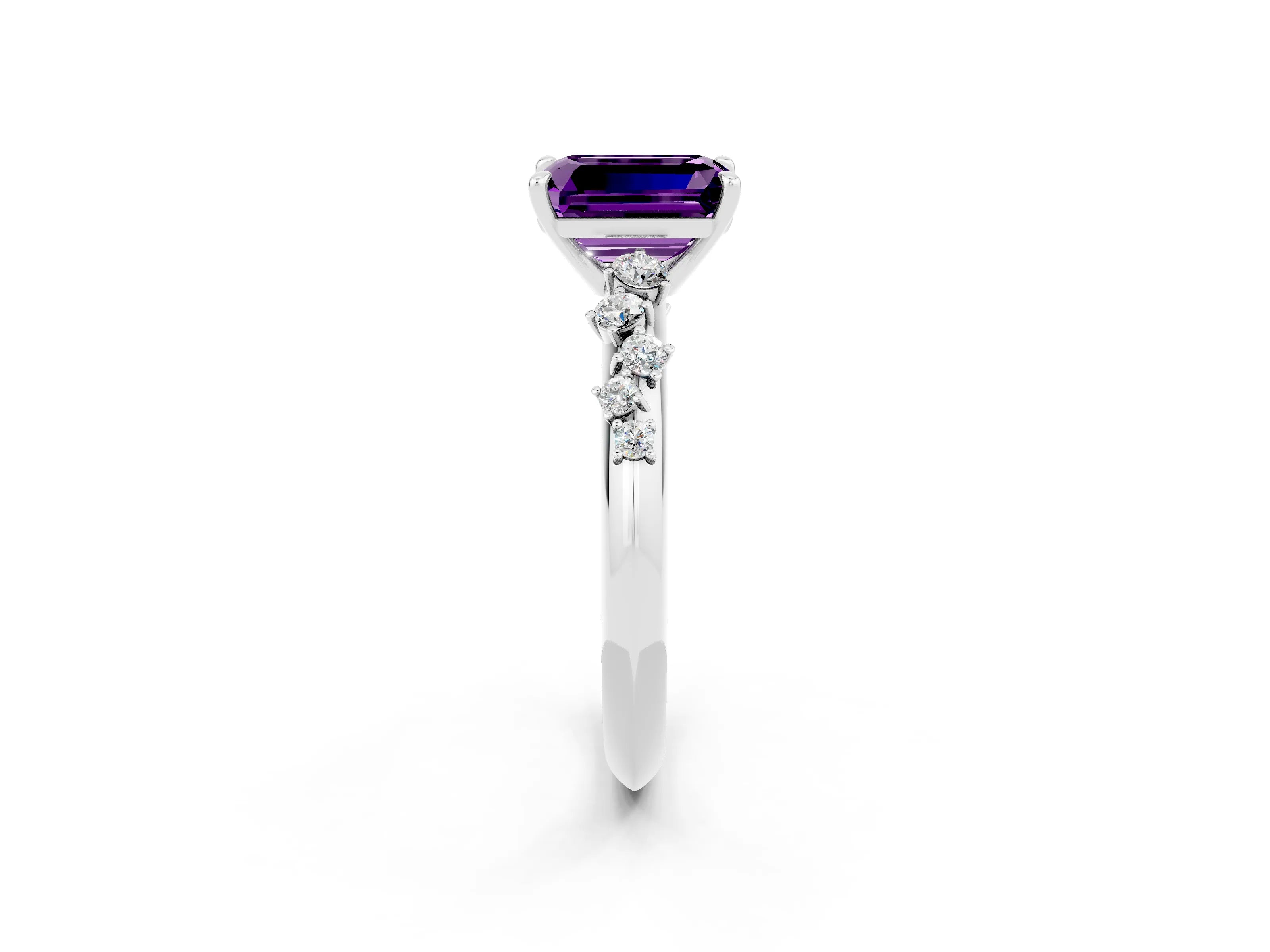 White gold Emerald Cut Amethyst Cluster Side Stone Solitaire Ring with Prong Setting_26