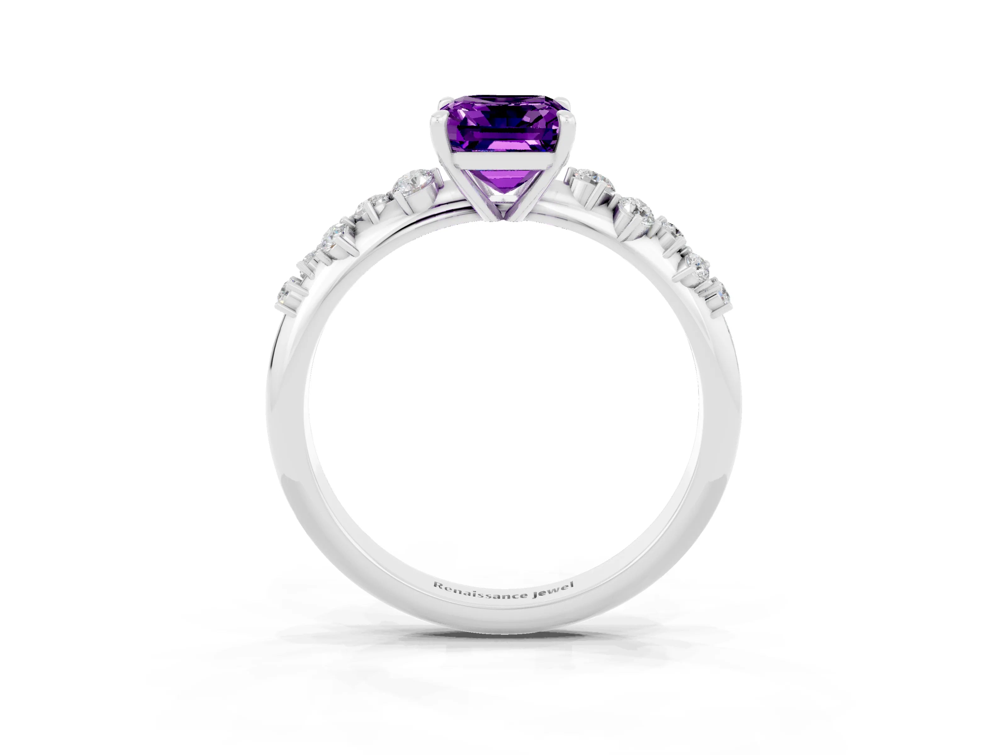 White gold Emerald Cut Amethyst Cluster Side Stone Solitaire Ring with Prong Setting_27