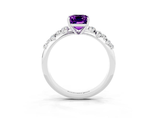 Silver Emerald Cut Amethyst Cluster Side Stone Solitaire Ring with Prong Setting