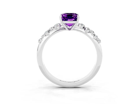 White gold Emerald Cut Amethyst Cluster Side Stone Solitaire Ring with Prong Setting_27