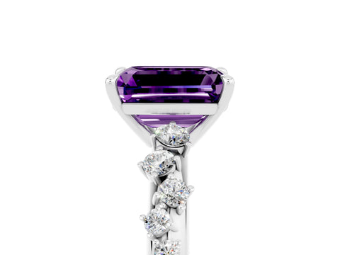 White gold Emerald Cut Amethyst Cluster Side Stone Solitaire Ring with Prong Setting_29