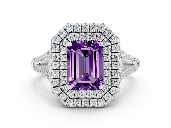 Platinum Emerald Cut Amethyst Double Halo Ring with Pavé Band and Prong Setting
