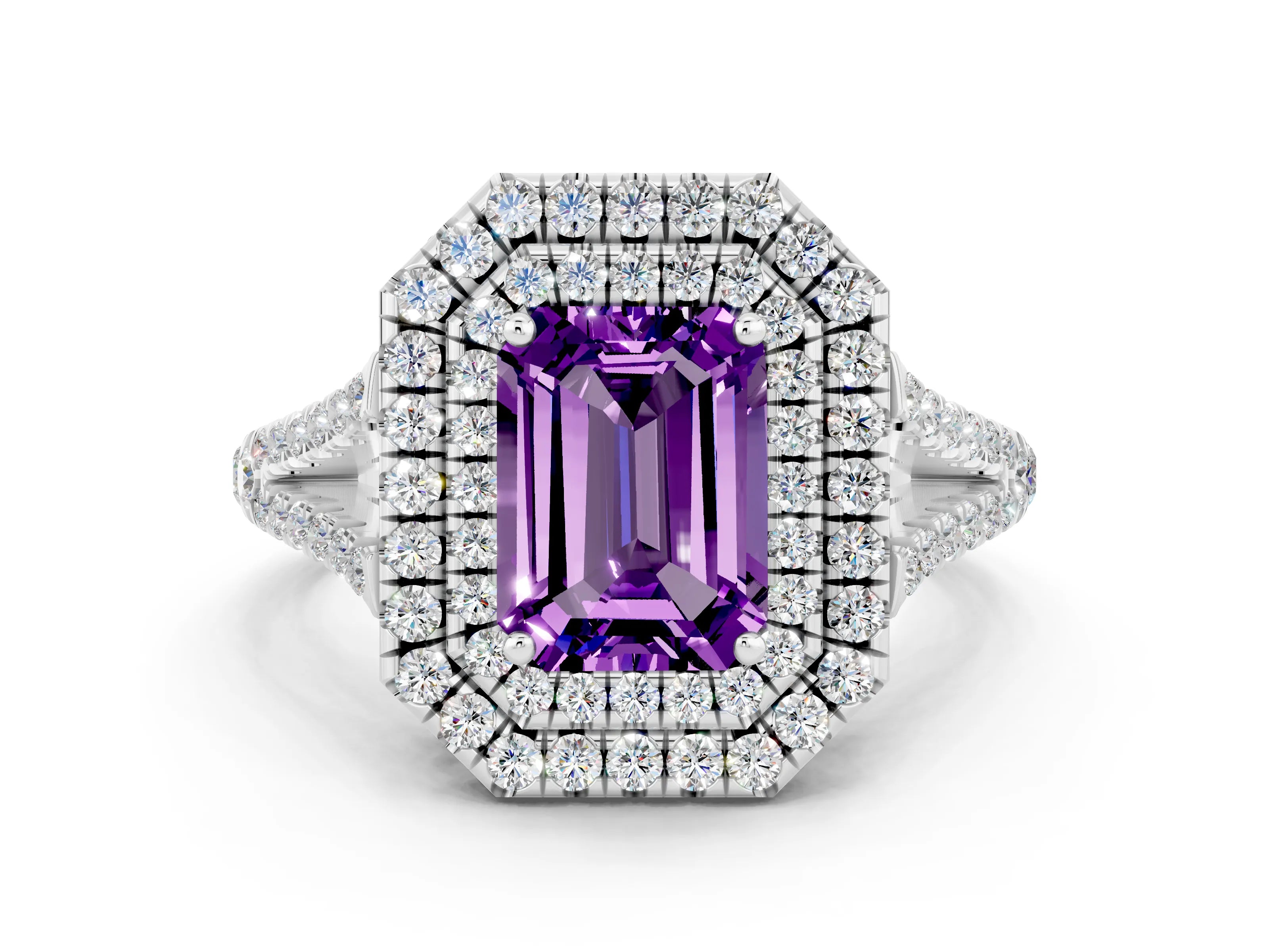 White gold Emerald Cut Amethyst Double Halo Ring with Pavé Band and Prong Setting_12