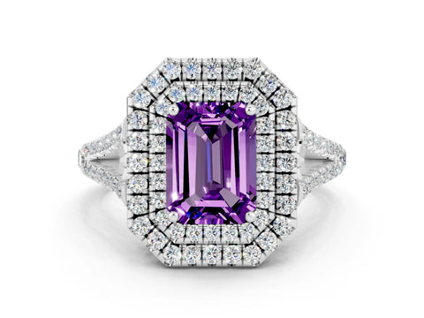 White gold Emerald Cut Amethyst Double Halo Ring with Pavé Band and Prong Setting_12
