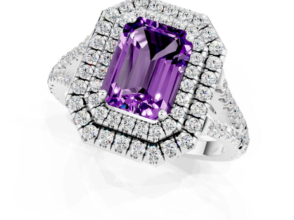 Platinum Emerald Cut Amethyst Double Halo Ring with Pavé Band and Prong Setting