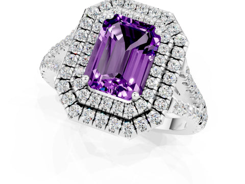 White gold Emerald Cut Amethyst Double Halo Ring with Pavé Band and Prong Setting_13