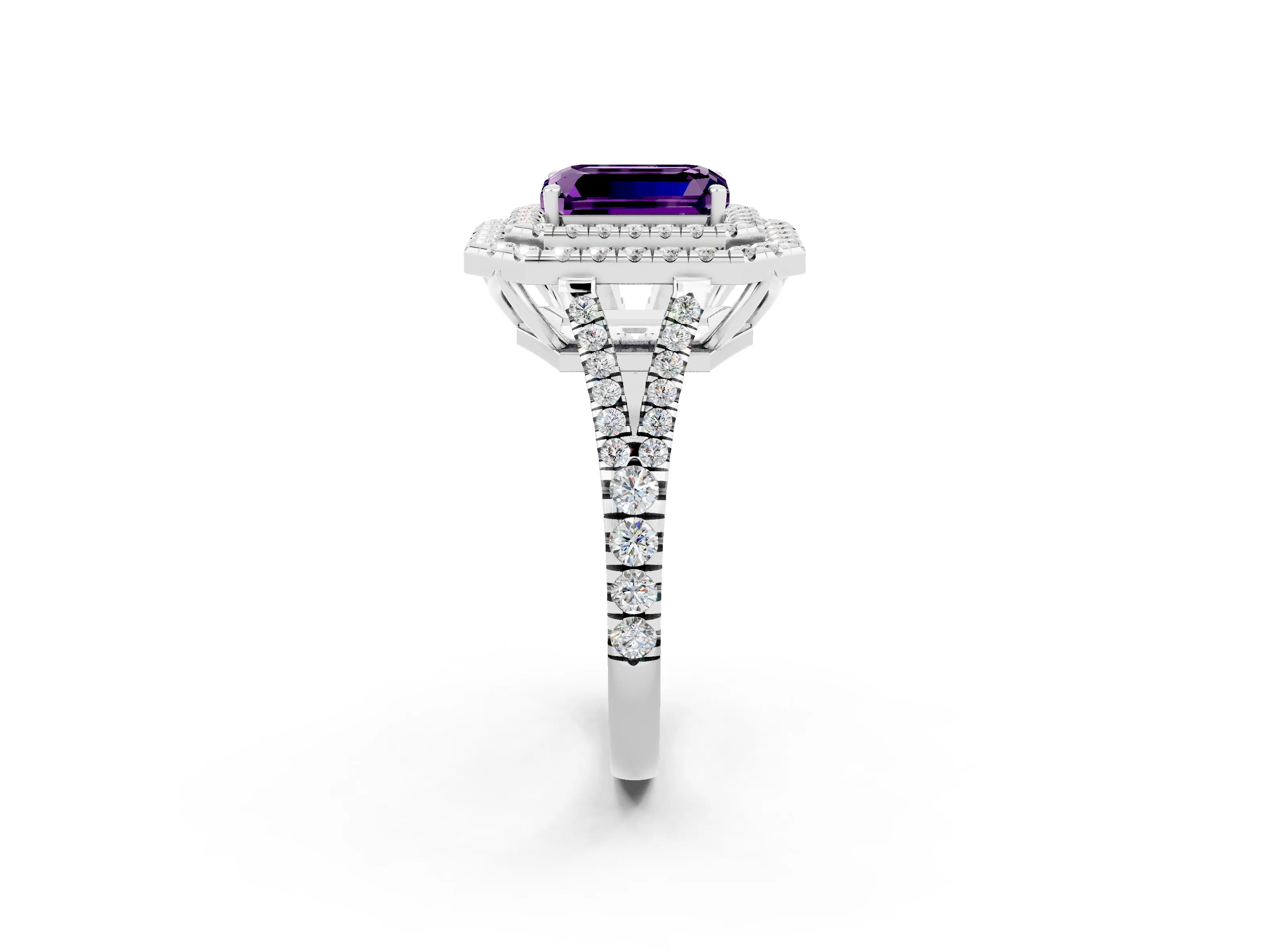 White gold Emerald Cut Amethyst Double Halo Ring with Pavé Band and Prong Setting_14